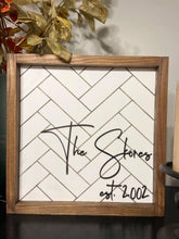 Load image into Gallery viewer, Family name and established date sign with herringbone background
