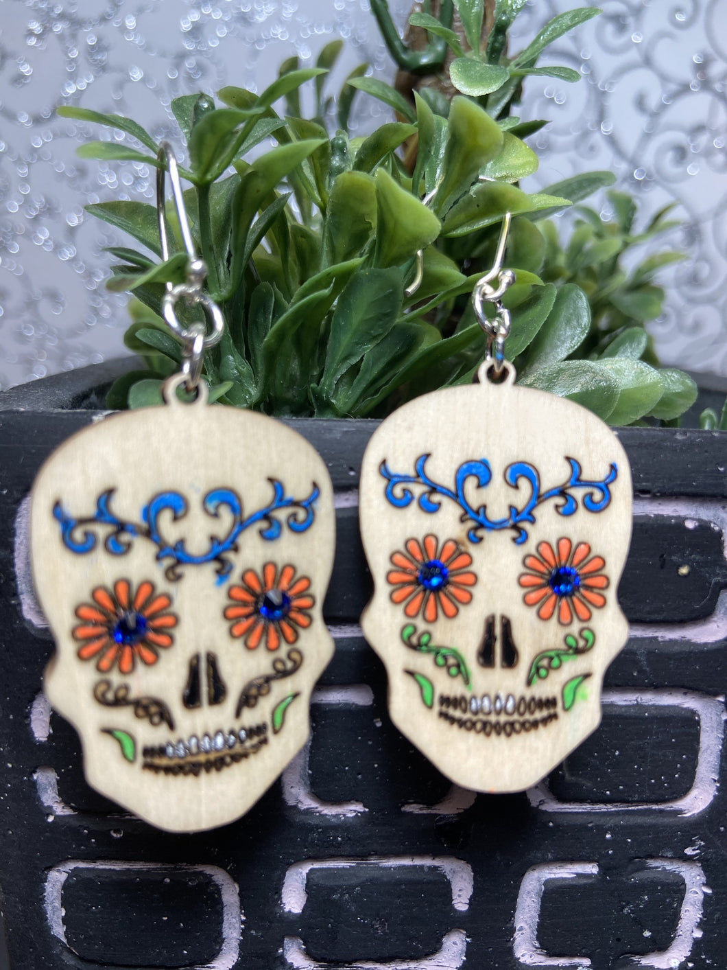 Hand painted wood earrings with Swarovski crystals and silver findings - Roma Street