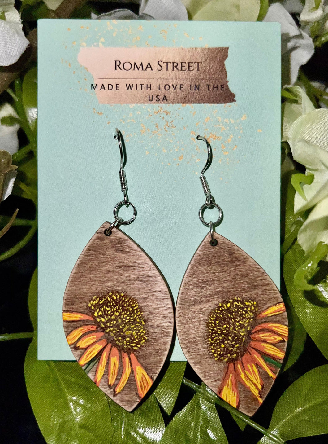Hand painted sunflower earrings/laser engraved wooden earrings / flower earrings / 925 silver and wood earrings / maple earrings