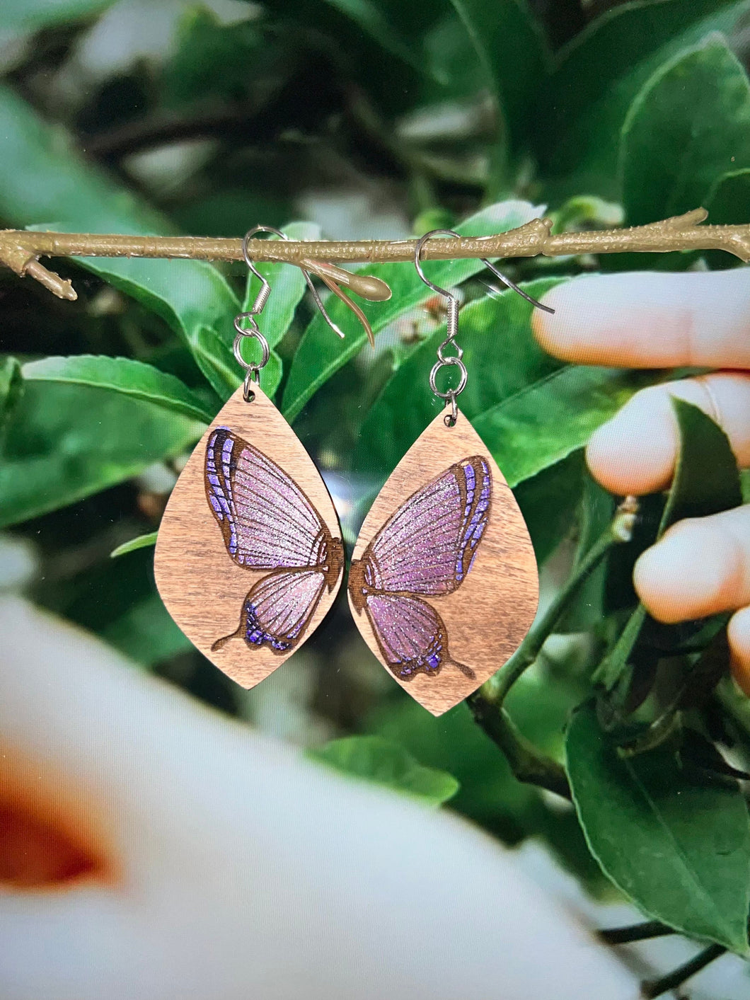 Hand painted butterfly earrings/laser engraved wooden earrings / flower earrings / 925 silver and wood earrings / maple earrings