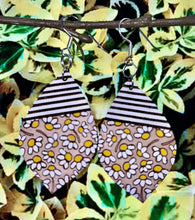Load image into Gallery viewer, Hand painted Daisy and Stripes earrings/laser engraved wooden earrings / flower earrings / 925 silver and wood earrings / maple earrings

