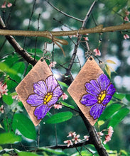 Load image into Gallery viewer, Hand painted floral blossom diamond shaped earrings /laser engraved wooden earrings / 925 silver and wood earrings / maple earrings
