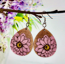 Load image into Gallery viewer, Hand painted dahlia earrings/laser engraved wooden earrings / flower earrings / 925 silver and wood earrings / maple earrings
